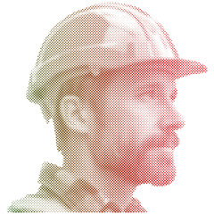 Male labor worker in vest and hardhat in halftone color vector
