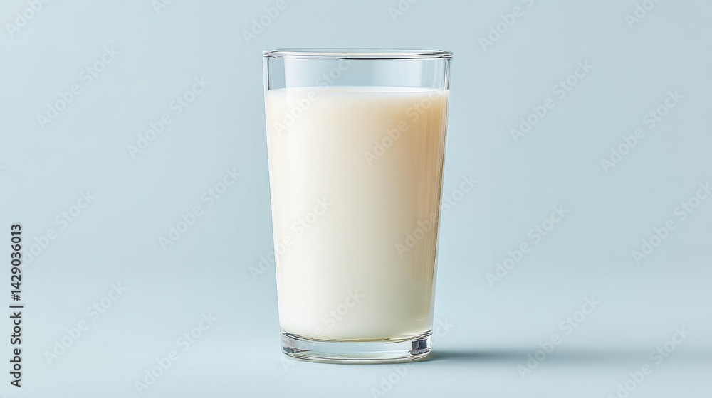 Poster clean glass of milk on plain white background minimalistic composition with ample copy space for tex