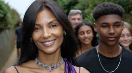 Family walk with teenagers in summer