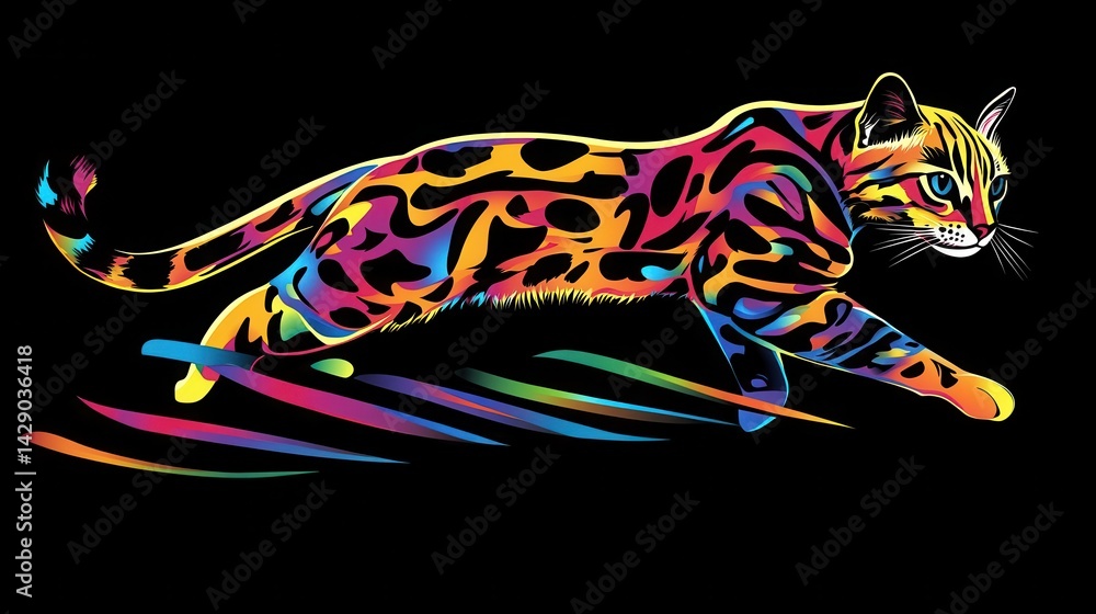 Poster vibrant multicolored jungle cat in dynamic motion.