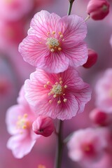 Fototapeta premium Close-up of pink blossoms on a branch with a blurred background.