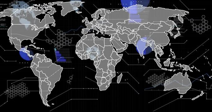 Simplified world map animating with data overlays on striped grid with hexagon clusters and lines