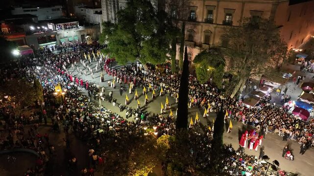 Aerial Drone Images of the Procession of Silence Ceremony in Plaza del Carmen, San Luis Potos&iacute;, During Holy Week