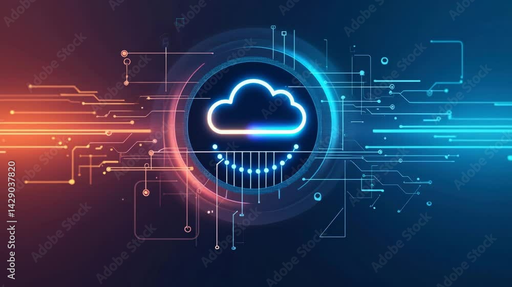 Poster a vibrant digital illustration of a cloud symbol surrounded by circuit lines, representing cloud com