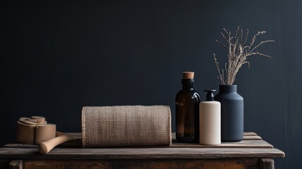 Minimal spa shelf with wellness accessories and dark backdrop