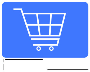 White shopping cart silhouette on blue, representing digital commerce, retail, and consumer activity. Ideal for e-commerce, shopping, logistics, delivery, retail online payments minimalism flat