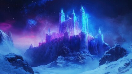 Obraz premium Glowing Ice Castle, Night Sky, Mountains, Fantasy, Game Art