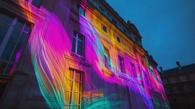 Parisian building, night, light projection, colorful swirls, festival