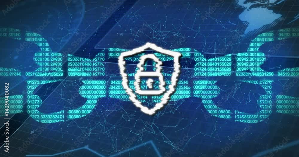 Poster white shield and padlock icon floating over network lines with numeric code forming chain links