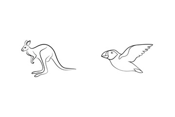 Minimalist Line Art Illustration Of Kangaroo And Atlantic Puffin In Flight