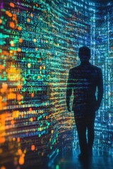 Person walking through colorful digital grid