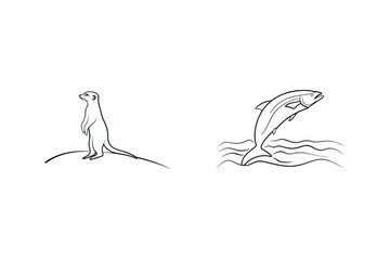 Obraz premium Meerkat Standing And Fish Jumping Out Of Water Line Art Vector
