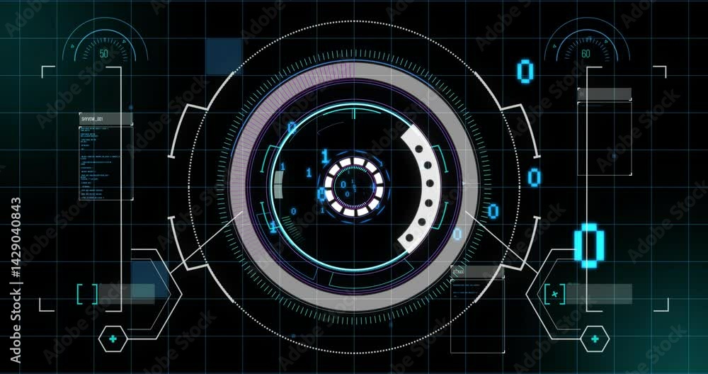 Poster rotating hud interface featuring concentric rings streaming binary panels over grid in flat design