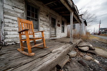 Fototapeta premium Rocking chair on porch of abandoned house.