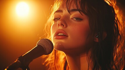 Illuminated by a warm golden spotlight, a young female singer passionately sings into a microphone on stage, creating a captivating atmosphere.