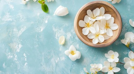 White frangipani flowers and bath salts on aqua surface