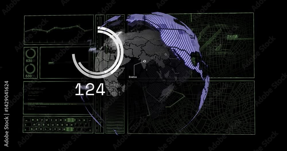 Poster futuristic interface showing rotating 3d globe centered on asia, with gauge charts and code panels