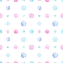Seamless watercolor dot pattern in blue and pink tones. Hand-drawn backdrop with delicate circles on a white background. Ideal for textiles, wrapping paper, nursery decor, and digital design