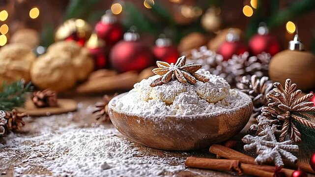Festive dough bowl, Christmas baking, wooden table, spiced background
