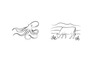 Octopus And Cow Line Art Illustration Animals Farm And Sea Creatures