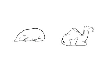 Simple Black And White Line Art Of A Mole And Camel Resting