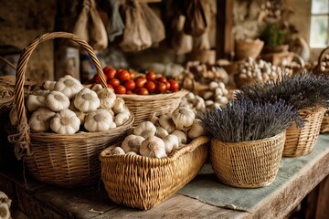 Baskets overflow with garlic, tomatoes, herbs de Provence, and fragrant lavender