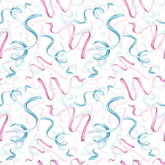 Seamless watercolor streamers pattern in pink and turquoise. Playful texture with curling ribbons on a white background. The illustration is perfect for party designs, gift wrap, festive decor