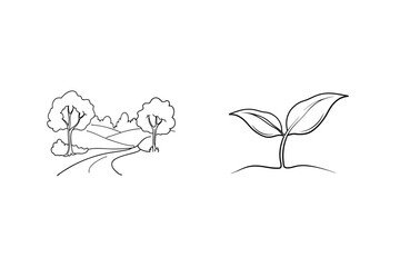 Line Art Landscape With Trees Road And Sprout For Eco Nature Concept