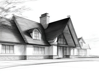 Architectural sketch of steep gabled roof house with detailed features and charming design, showcasing elegance and style