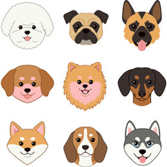 Vector Set of Nine Different Dog Head Illustrations