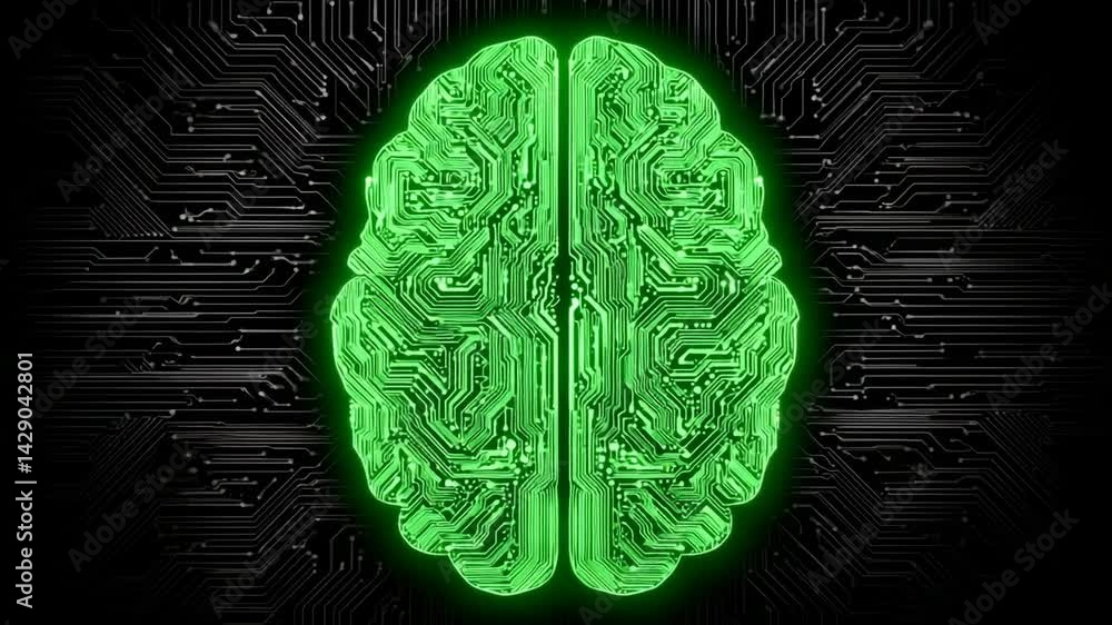 Poster green neon brain circuit design showcasing the concept of artificial intelligence or neural networks