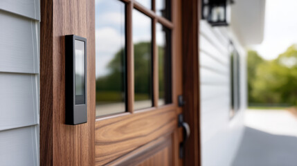 modern wooden door features sleek embedded smart display, enhancing entryway functionality and style
