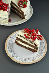 Homemade summer cake with red currant berries. Creamy chocolate cake made by hand. Summer dessert.
