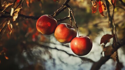 Apples hanging from branch in golden autumn light