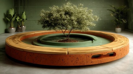 An interior with plants. A tree grows from the middle of a round pool. A round bench surrounds the pool. Potted plants stand in the background.