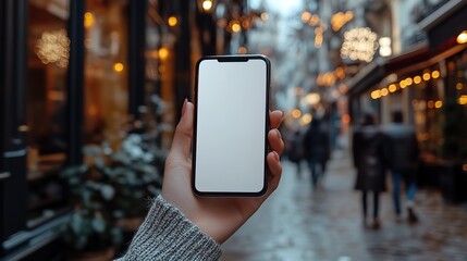 In a blurred coffee shop background, a woman's hand holds a smartphone with a blank white screen, a mockup template for app or website design.