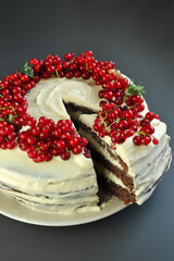 Homemade summer cake with red currant berries. Creamy chocolate cake made by hand. Summer dessert.
