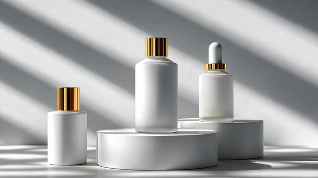 White frosted glass cosmetic bottles with golden caps, placed on podiums of different heights. v1