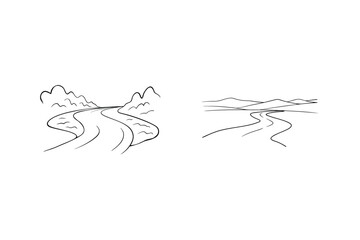 Simple Outline Illustration Of Road Landscapes With Sky And Mountain Scenery