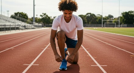 Obraz premium Man tying running shoes on track