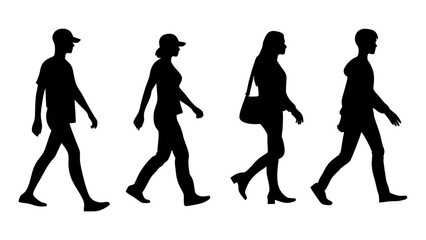 set of people walking silhouette vector on white background
