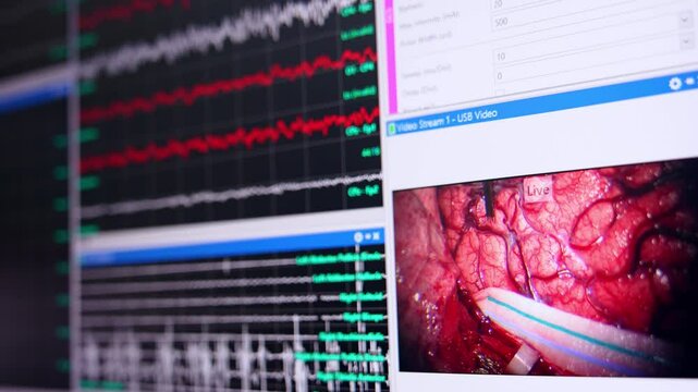 Computer screen divided into sections. Equipment monitor displays brain under surgery and brain waves. Close up.