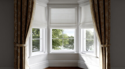 Elegant bay window with smart blinds and lace curtains, allowing natural light to brighten room