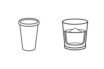 Outlined Disposable Cup And Whiskey Glass With Ice Cube Illustration