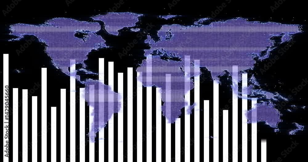 Poster white vertical bar chart overlaying pixelated purple world map being displayed in flat hud design