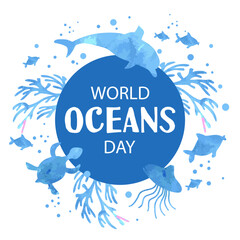  World oceans day. Background with watercolor silhouettes 