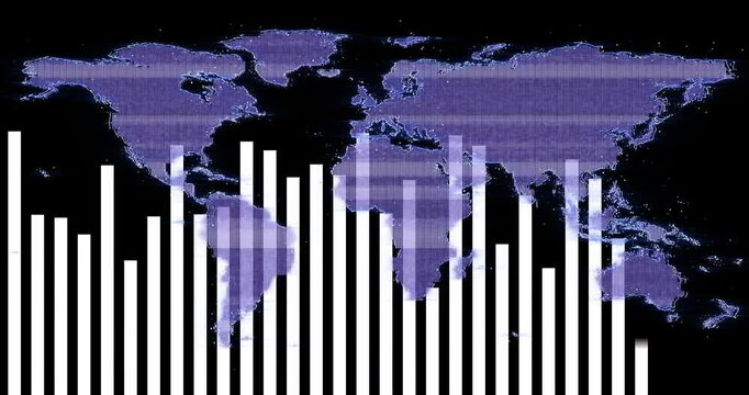 White vertical bar chart overlaying pixelated purple world map being displayed in flat HUD design
