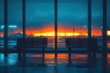 Interior view through large windows with benches and a colorful sunset sky.