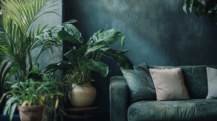Modern green living room with lush plants and velvet sofa