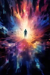 Space traveler amidst futuristic neon cityscape